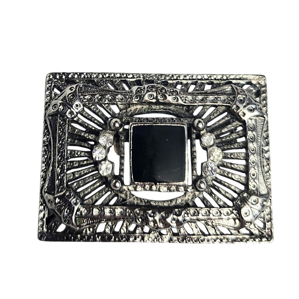 Vtg Rectangular Deco Revival Silver Tone Black Enamel Rhinestone Pin Brooch